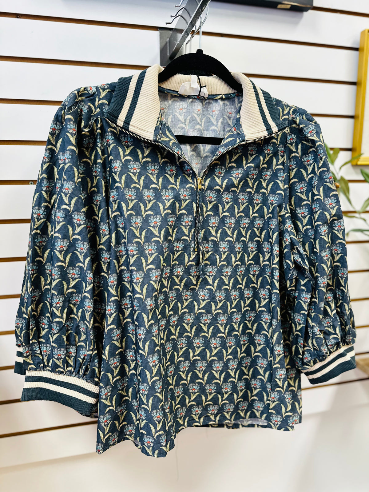 Midnight Blue Grey Printed 3/4 Sleeve Top | Joan Entro