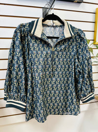 Midnight Blue Grey Printed 3/4 Sleeve Top | Joan Entro
