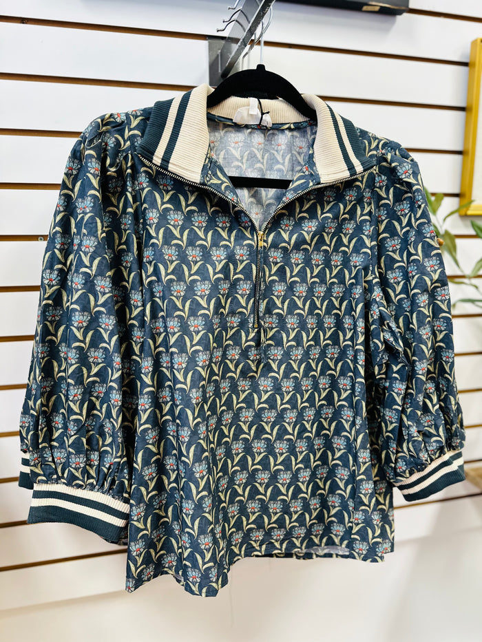 Midnight Blue Grey Printed 3/4 Sleeve Top | Joan Entro