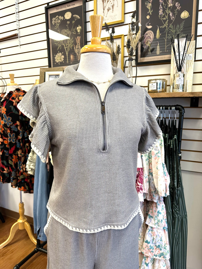 Light Grey Stitch Detail Short Sleeve Top | Boutique Elise | Brittany Entro