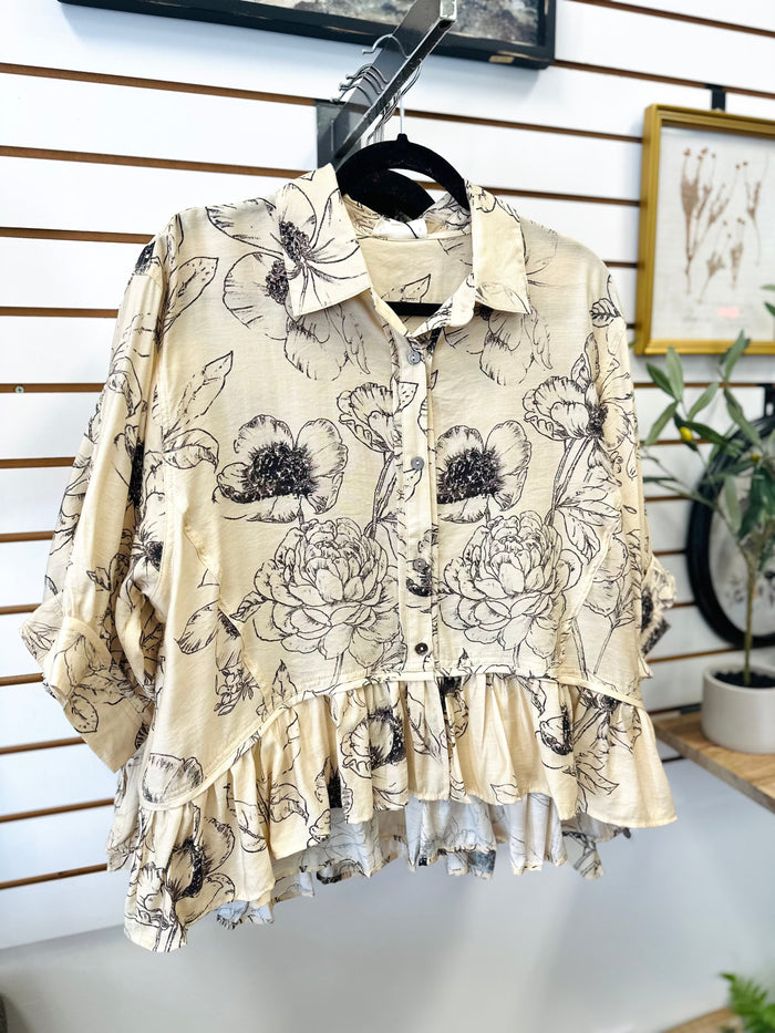 Ecru and Black Floral Print Top | Tilly Entro