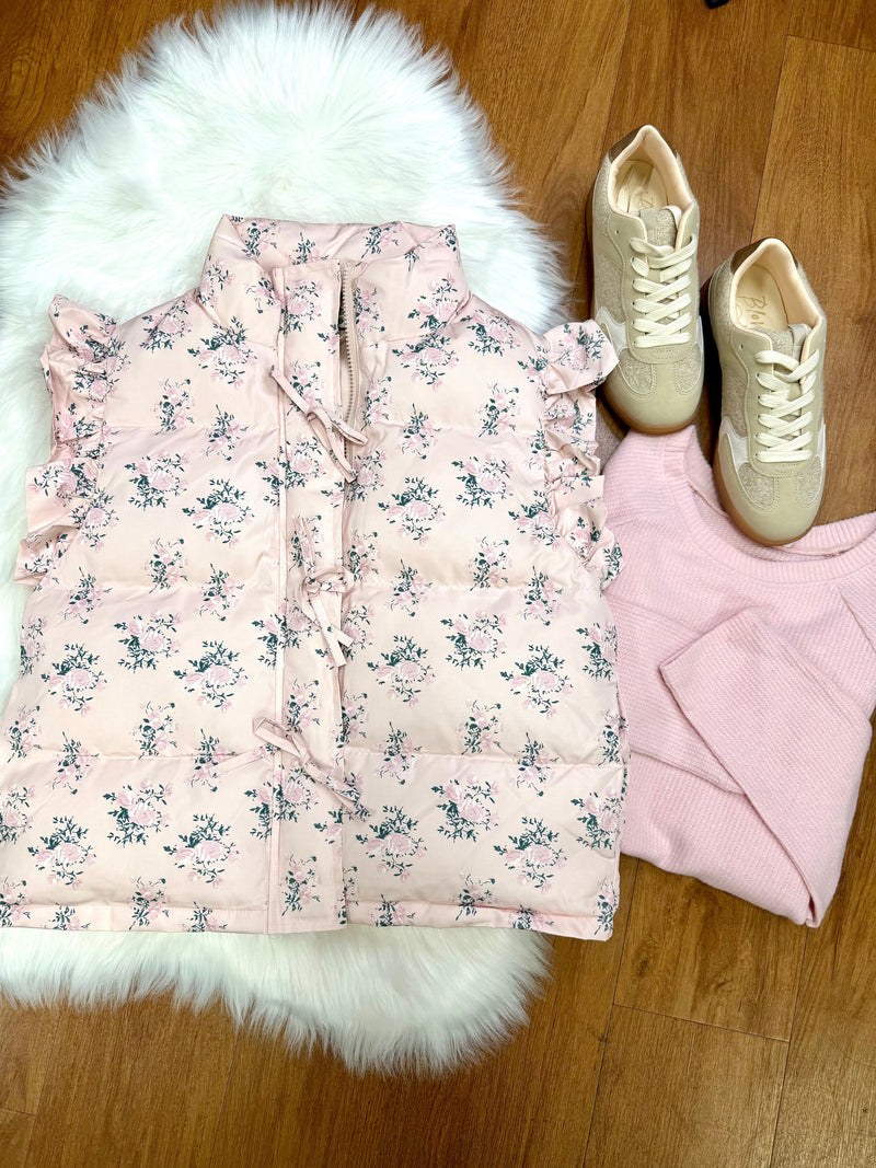 Pink Floral and Ruffle Detail Puffer Vest | Janae Very J