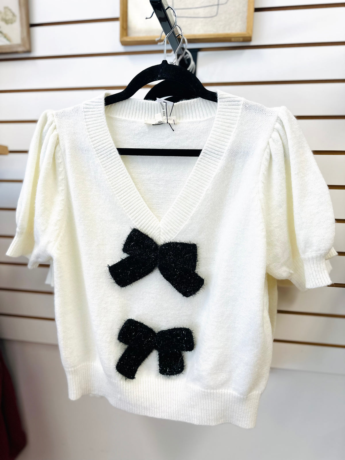 Off-white with Metallic Black Bow Detail Top | Boutique Elise Entro