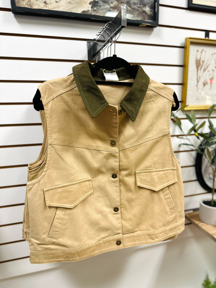 Taupe Canvas Sleeveless Vest | Samantha Very J
