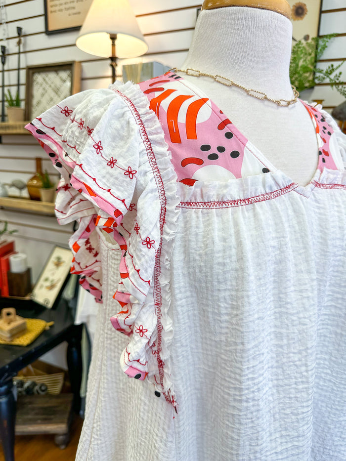 red and pink mixed embroidery top