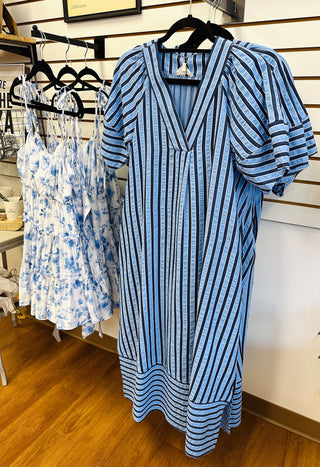 Blue Stripe Short Sleeve Midi Dress | Jolie Entro