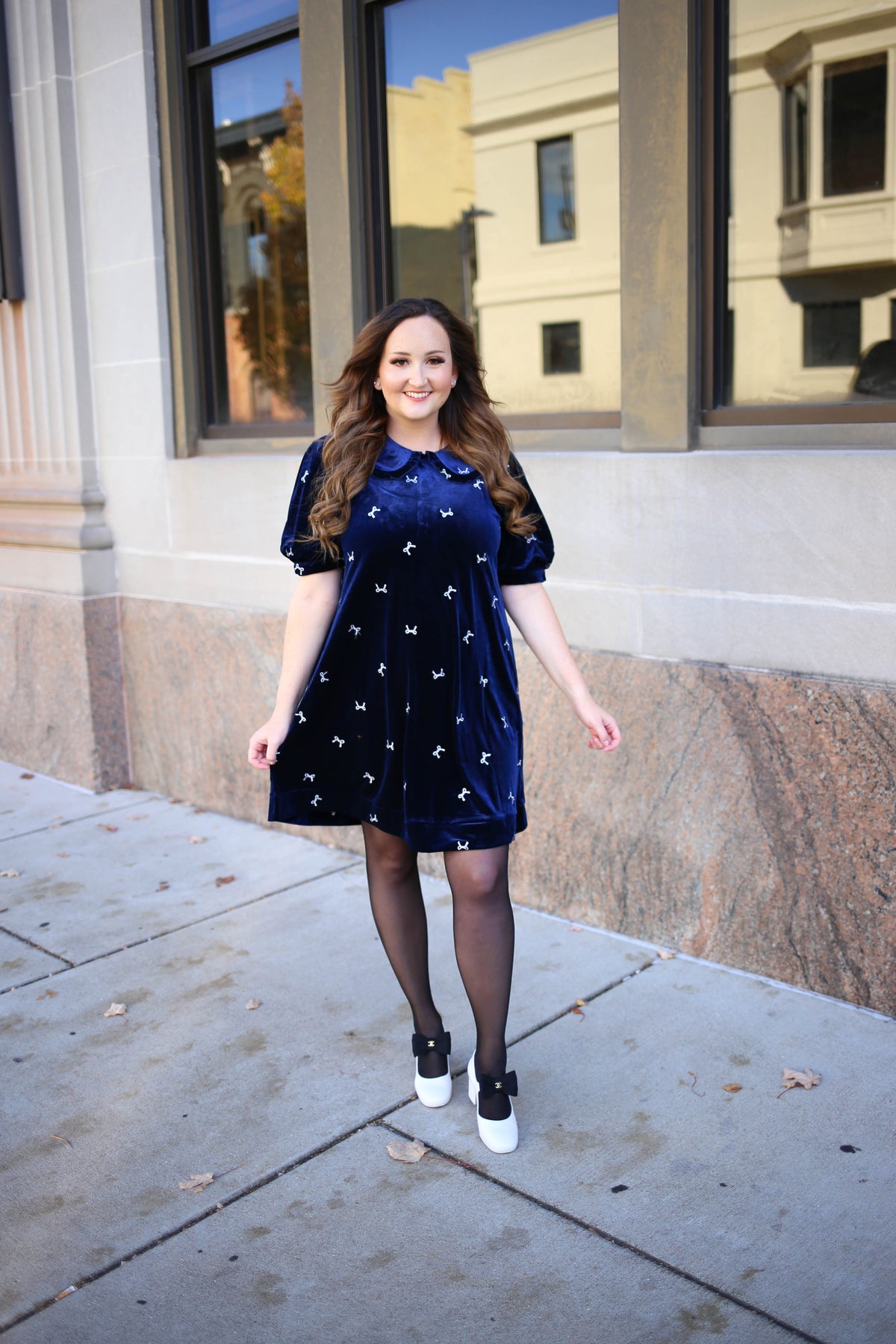 Navy Blue Velvet Bow Embroidery Dress | Jenny Jodifl