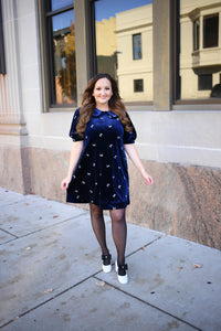 Navy Blue Velvet Bow Embroidery Dress | Jenny Jodifl