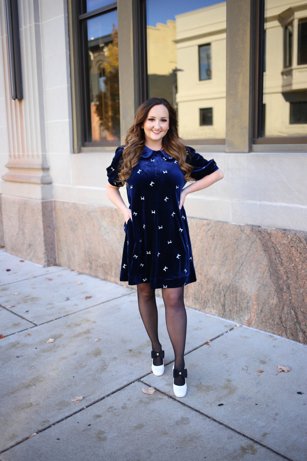 Navy Blue Velvet Bow Embroidery Dress | Jenny Jodifl