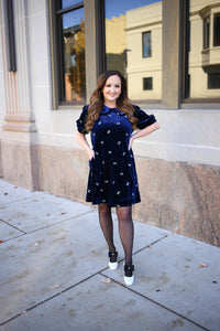 Navy Blue Velvet Bow Embroidery Dress | Jenny Jodifl