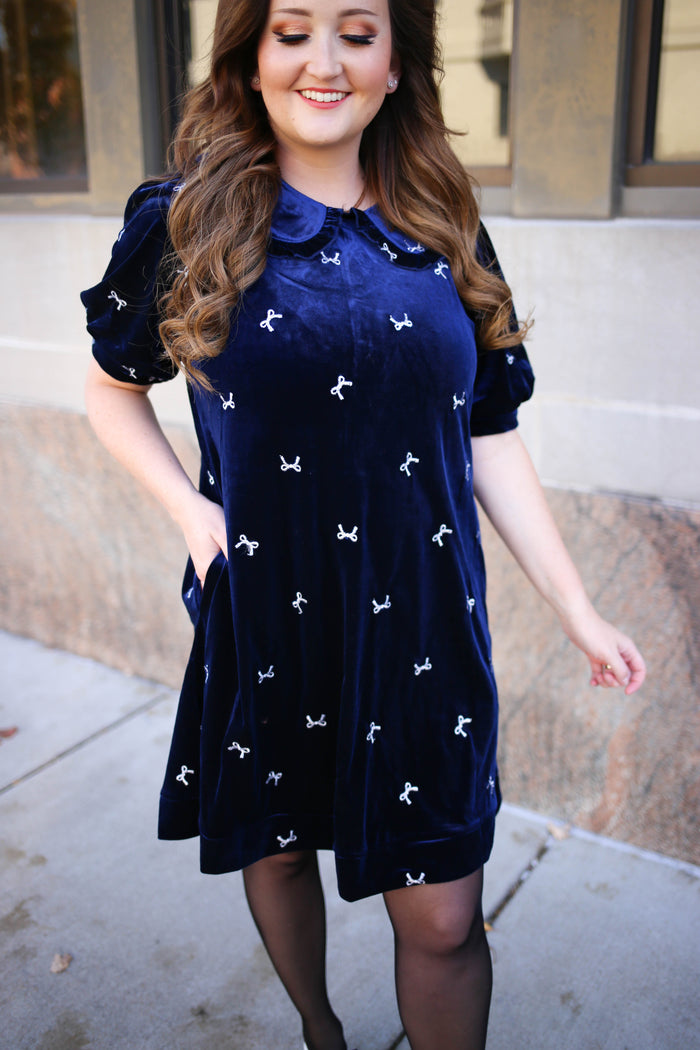 Midnight navy blue velvet dress with embroidered bow details