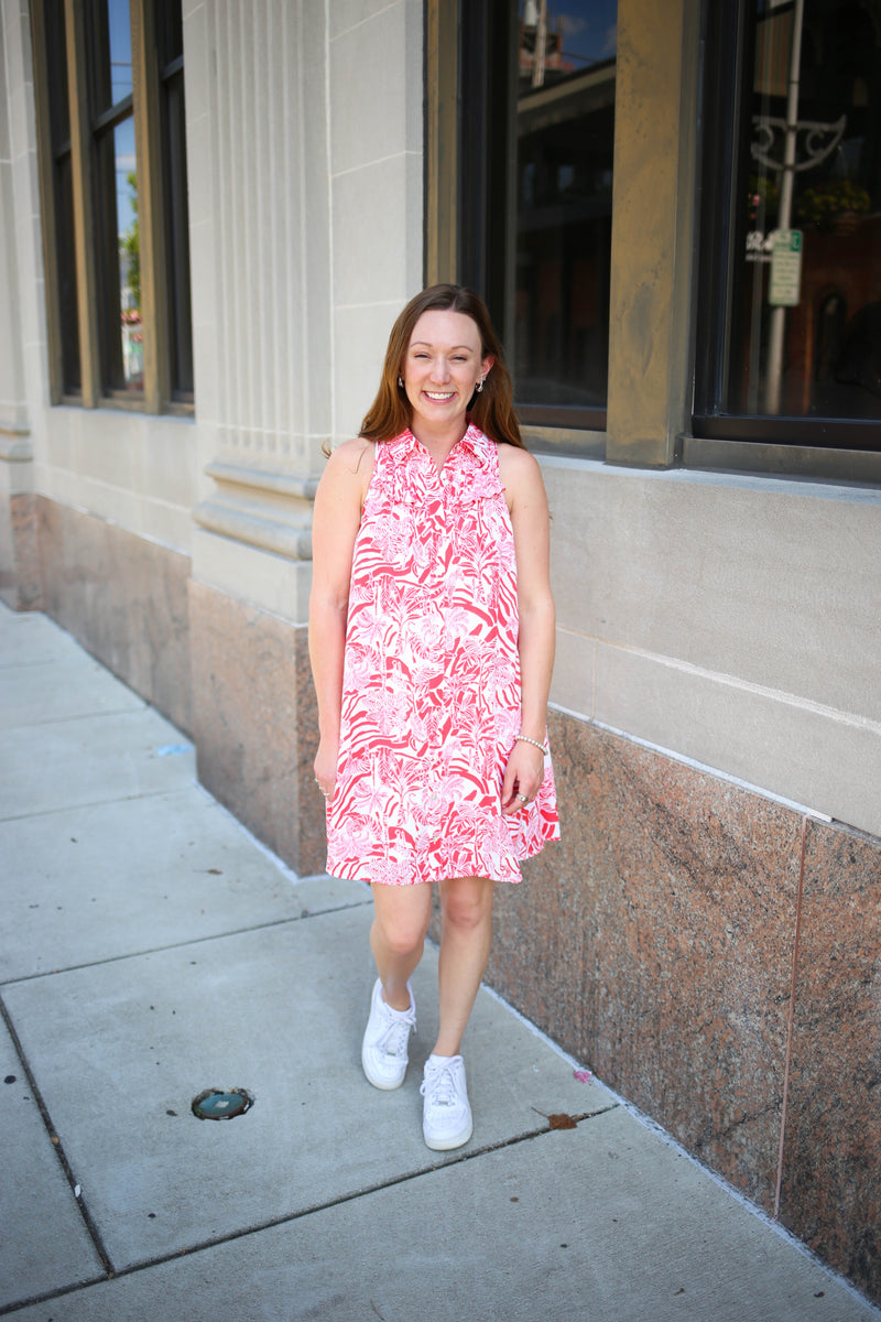 red tropical print sleeveless dress