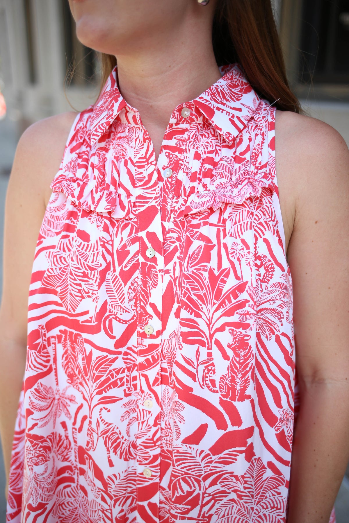 Red Tropical Print Sleeveless Dress | Boutique Elise | Rory Entro