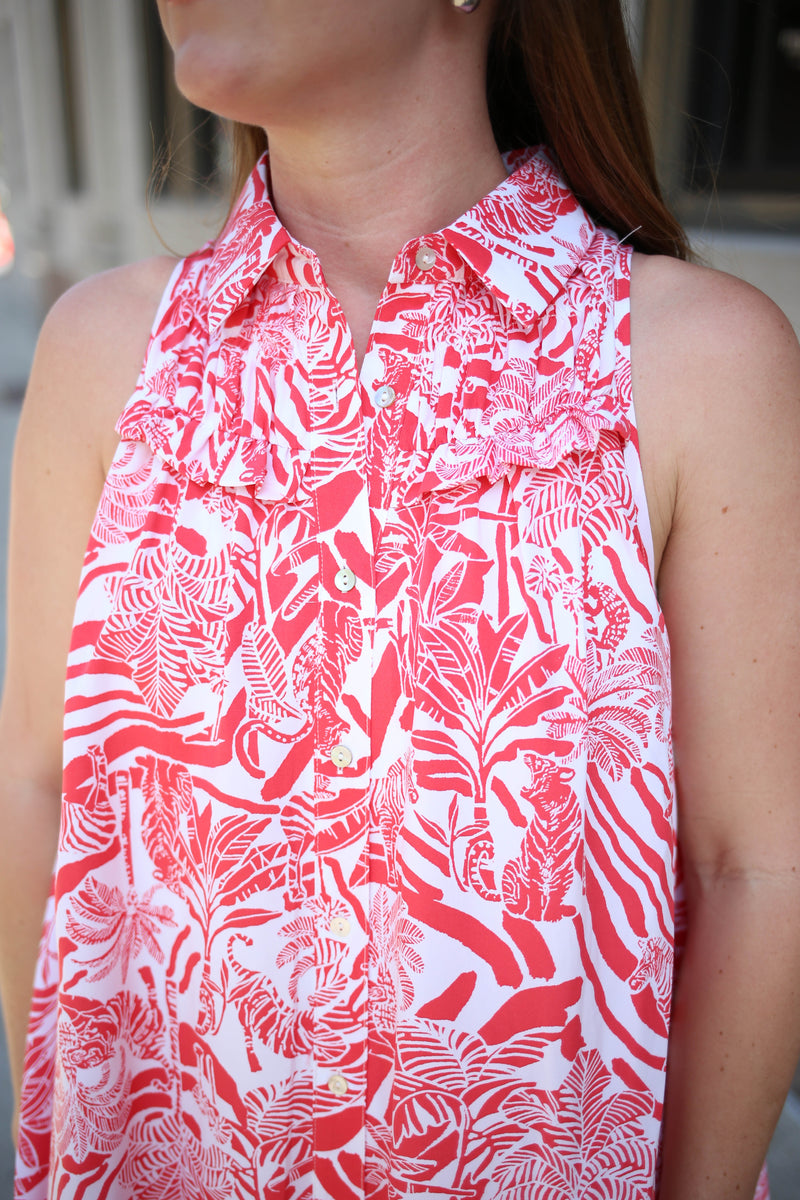 Red Tropical Print Sleeveless Dress | Boutique Elise | Rory Entro