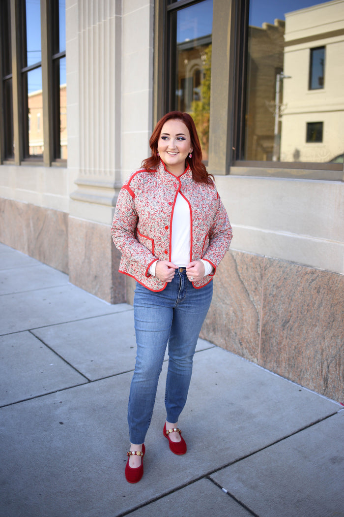 Red Mini Floral Print Quilted Jacket | Boutique Elise | Rory Staccato