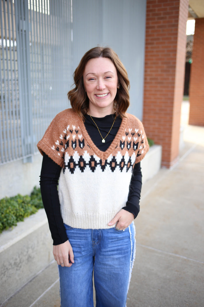 Brown Black and White Fair Isle Sweater Vest | Isabelle Blu Pepper
