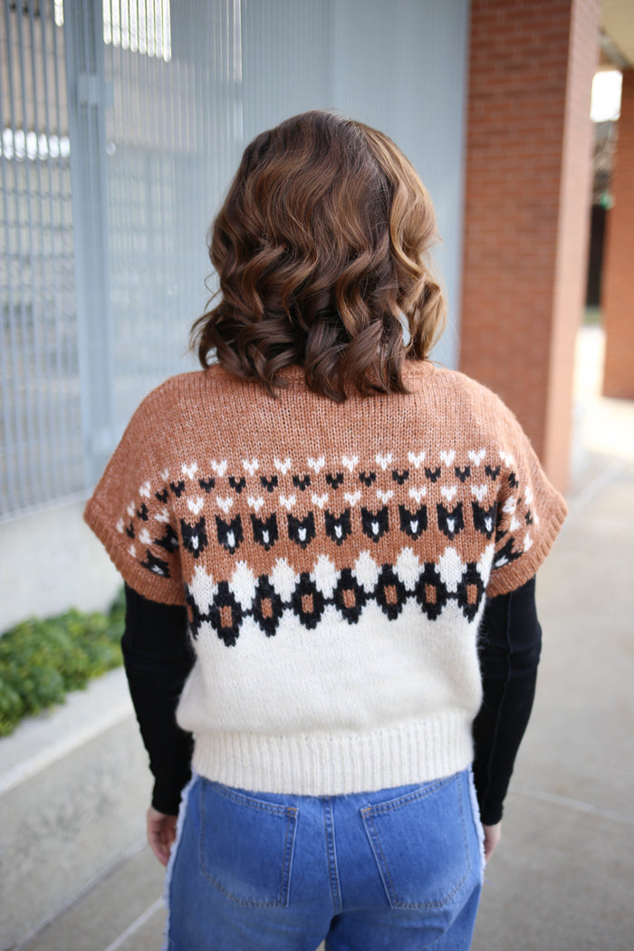 Brown Black and White Fair Isle Sweater Vest | Isabelle Blu Pepper