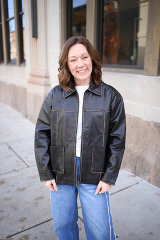 Black Oversized Leather Jacket | Leah Blu Pepper