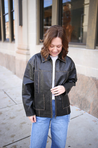 Black Oversized Leather Jacket | Leah Blu Pepper