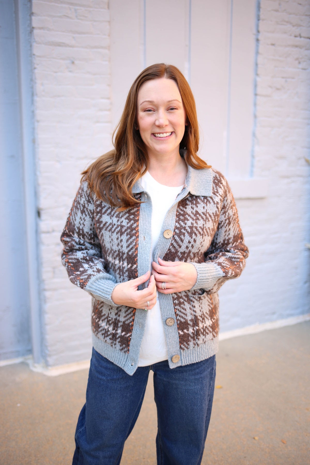 Slate Blue Check Jacquard Cardigan | Boutique Elise | Joanne Staccato
