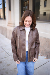 Brown Oversized Leather Jacket | Lexie Blu Pepper