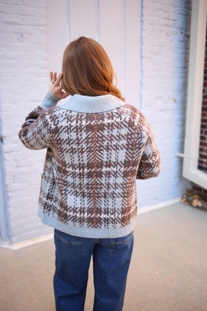 Slate Blue Check Jacquard Cardigan | Boutique Elise | Joanne Staccato