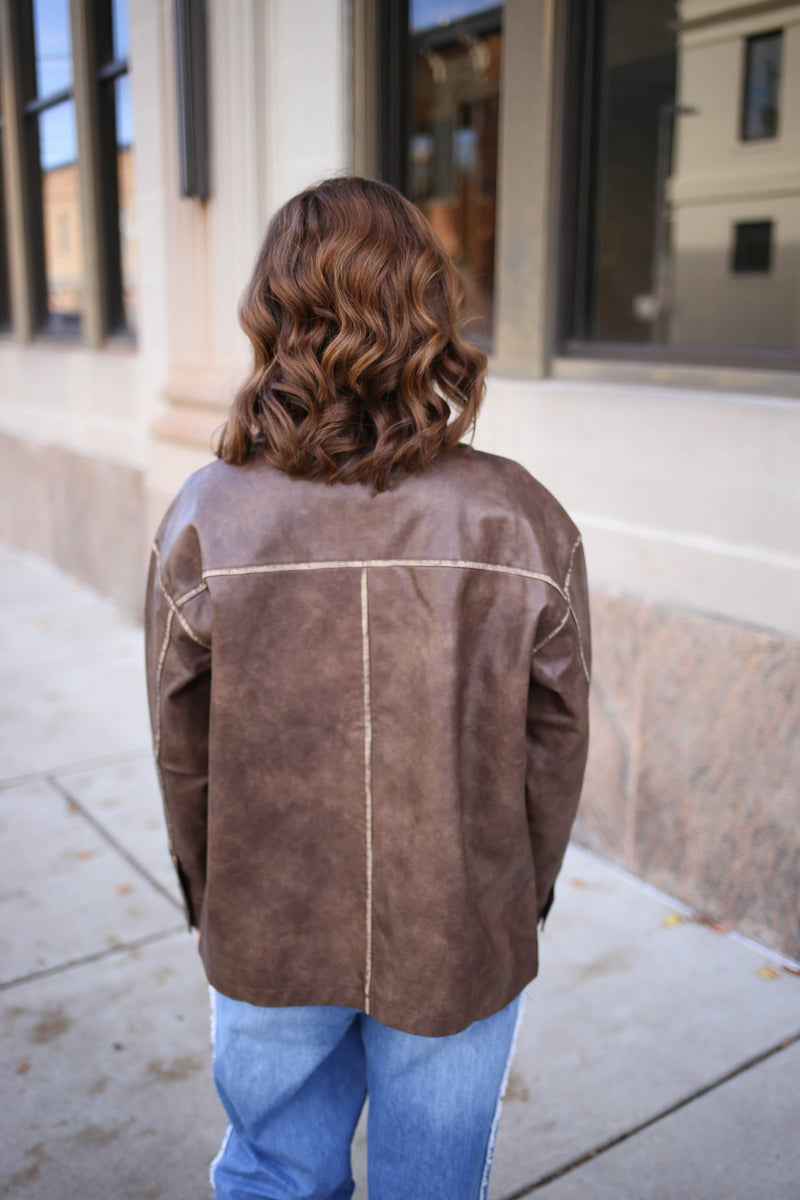 Brown Oversized Leather Jacket | Lexie Blu Pepper