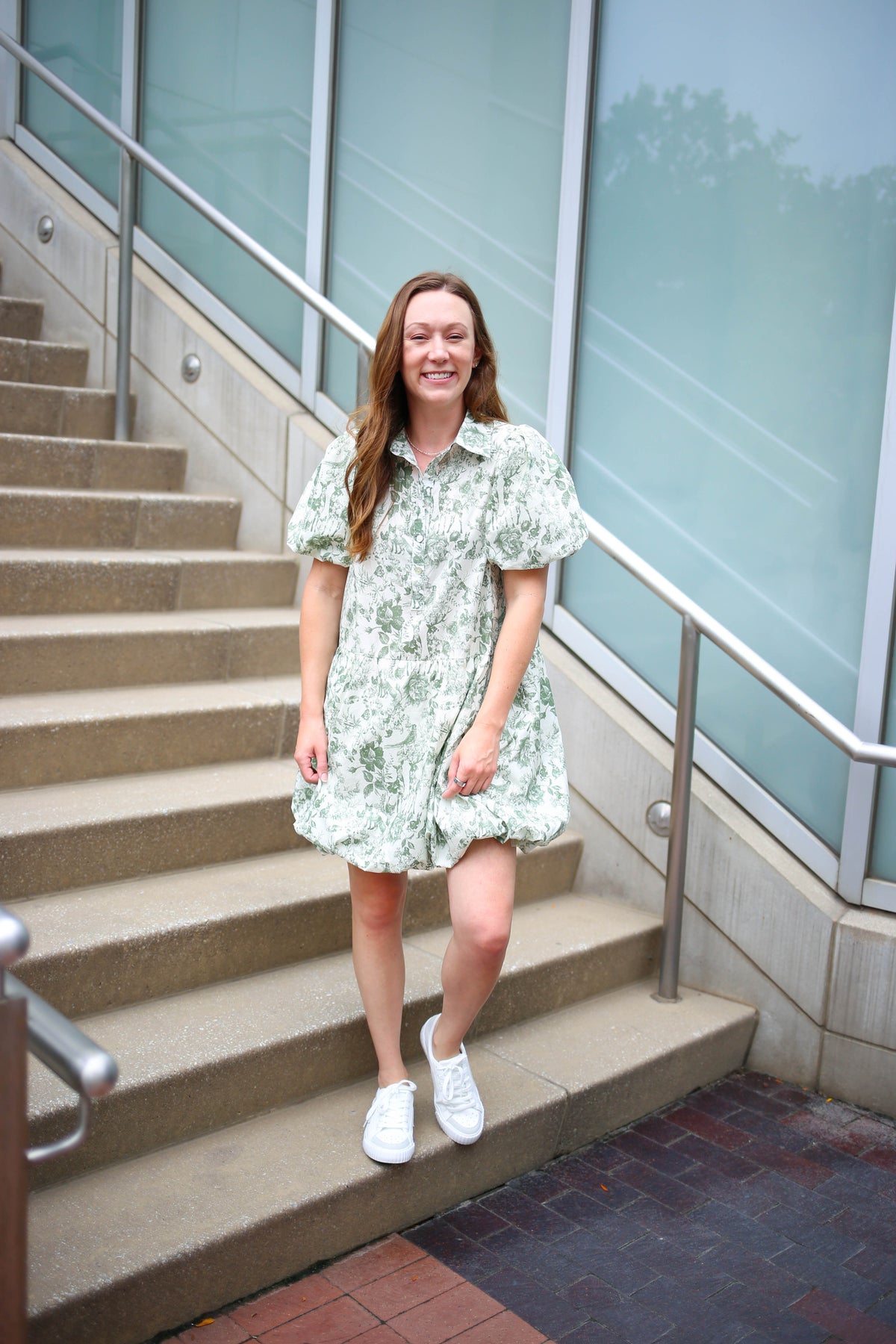 olive and off white printed bubble hem dress