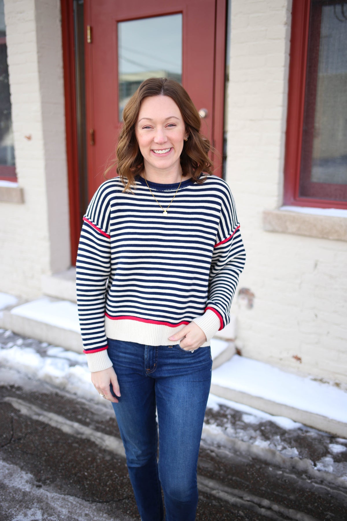 Navy Cream and Red Stripe Sweater | Miranda Gilli