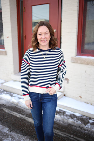 Navy Cream and Red Stripe Sweater | Miranda Gilli