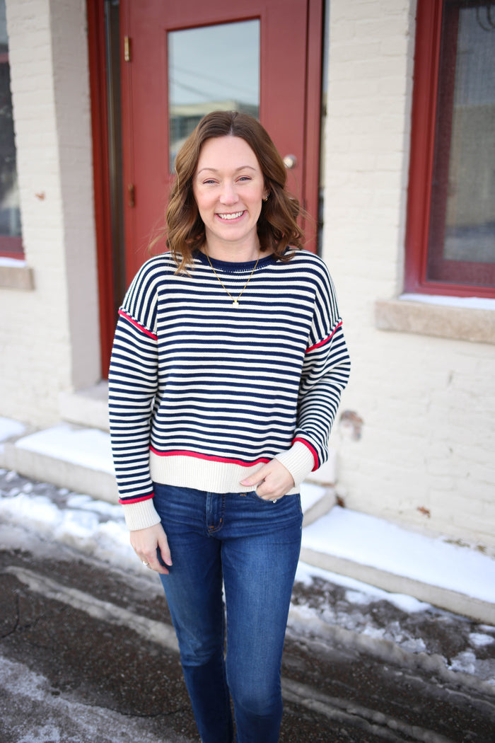 Navy Cream and Red Stripe Sweater | Miranda Gilli