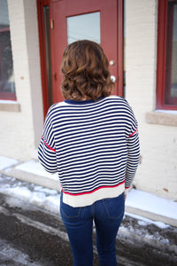 Navy Cream and Red Stripe Sweater | Miranda Gilli