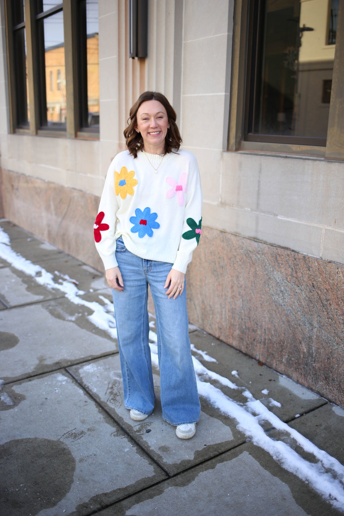 Ivory and Bright Flower Detail Sweater | Shelby Blu Pepper