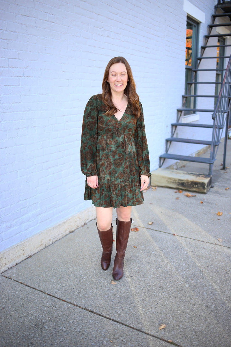 Olive and Brown Velvet Flare Mini Dress | Boutique Elise | Vivian Very J