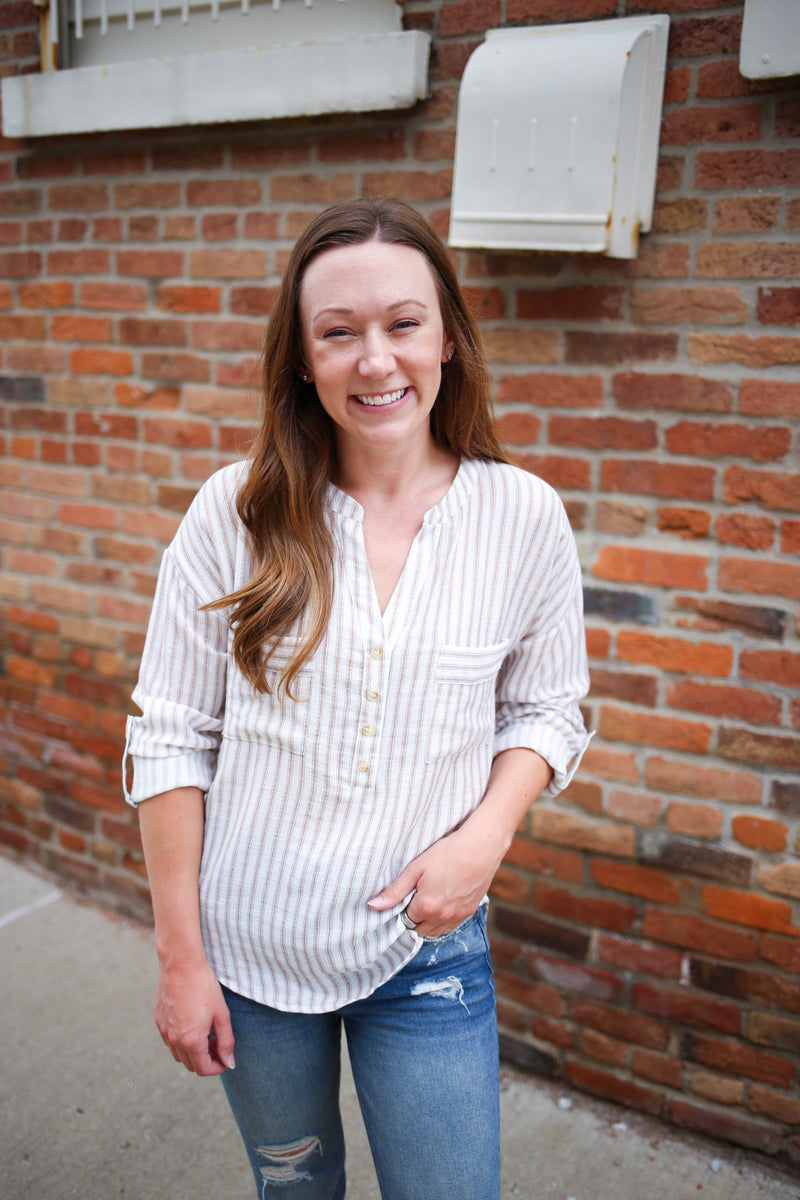 Ivory and Brown Stripe 3/4 Sleeve Top | Boutique Elise | Sally Blu Pepper