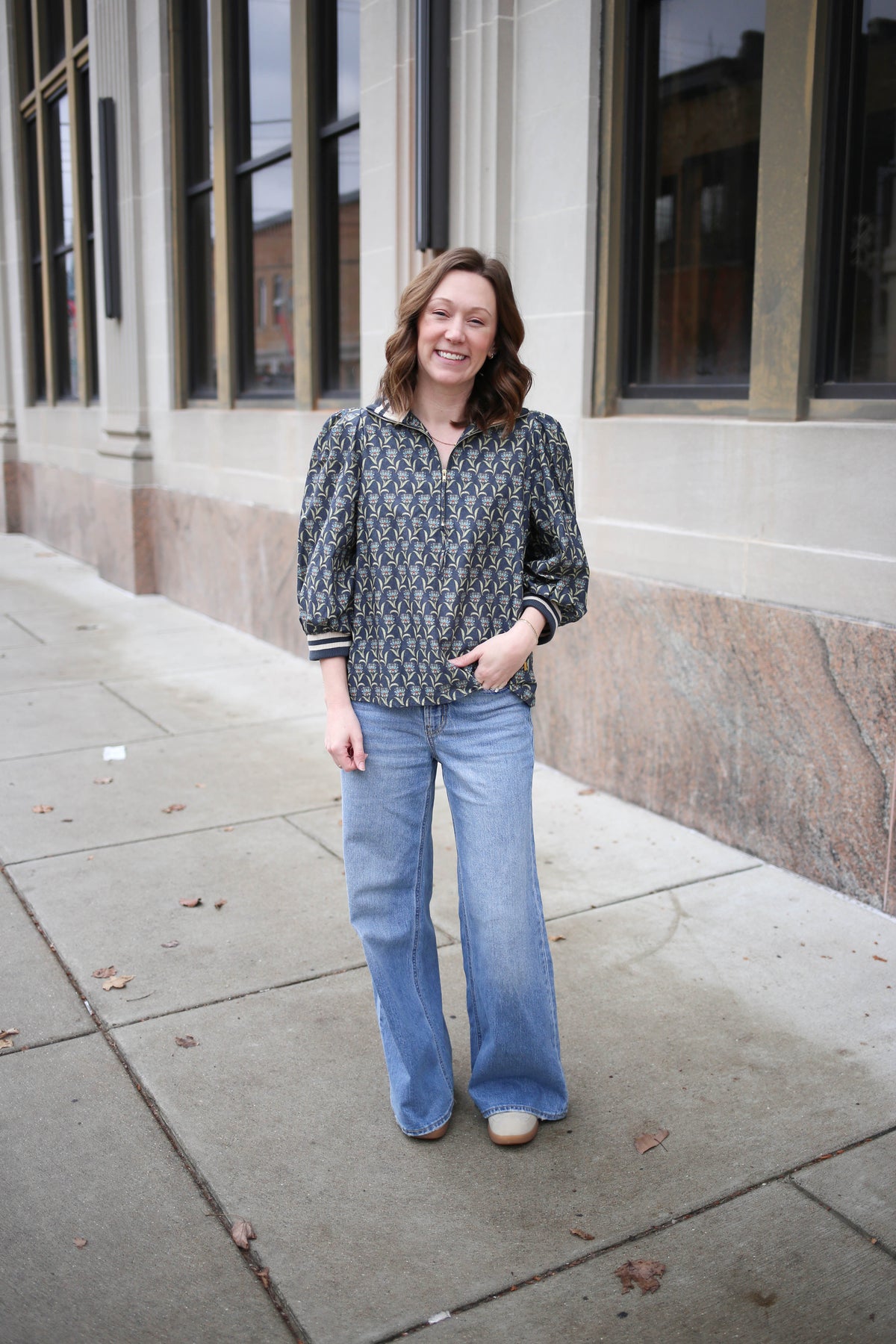 Midnight Blue Grey Printed 3/4 Sleeve Top | Joan