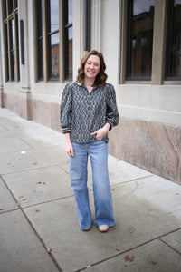 Midnight Blue Grey Printed 3/4 Sleeve Top | Joan