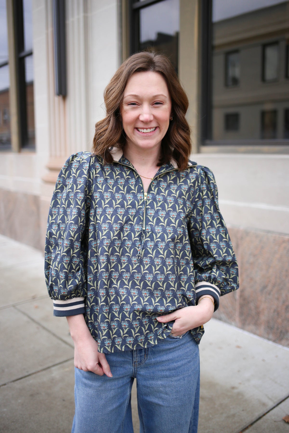 Midnight Blue Grey Printed 3/4 Sleeve Top | Joan