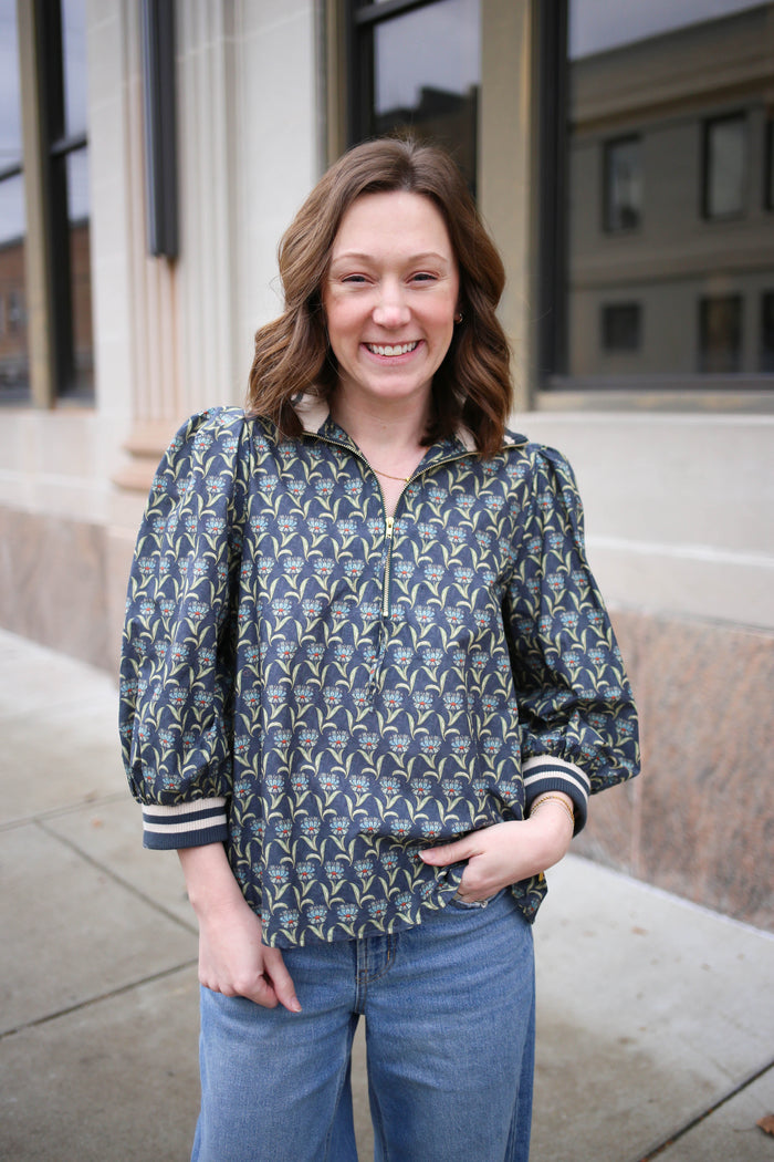 Midnight Blue Grey Printed 3/4 Sleeve Top | Joan