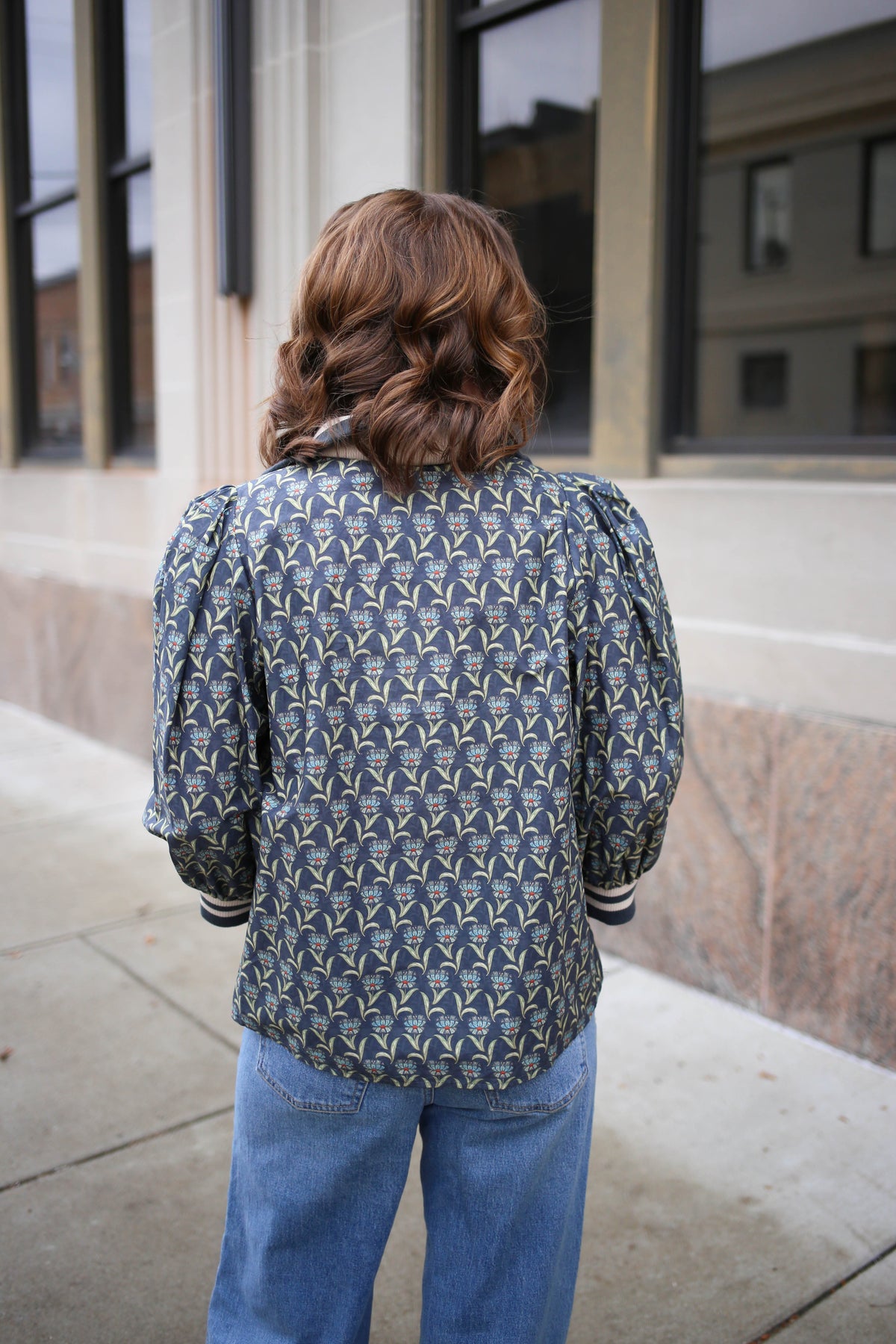 Midnight Blue Grey Printed 3/4 Sleeve Top | Joan