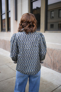 Midnight Blue Grey Printed 3/4 Sleeve Top | Joan