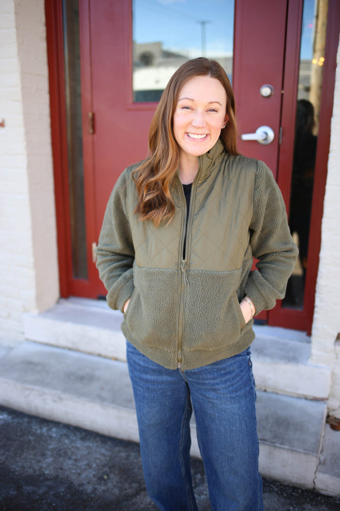 Olive Green Quilted Fleece Jacket | Boutique Elise | Jayla Staccato