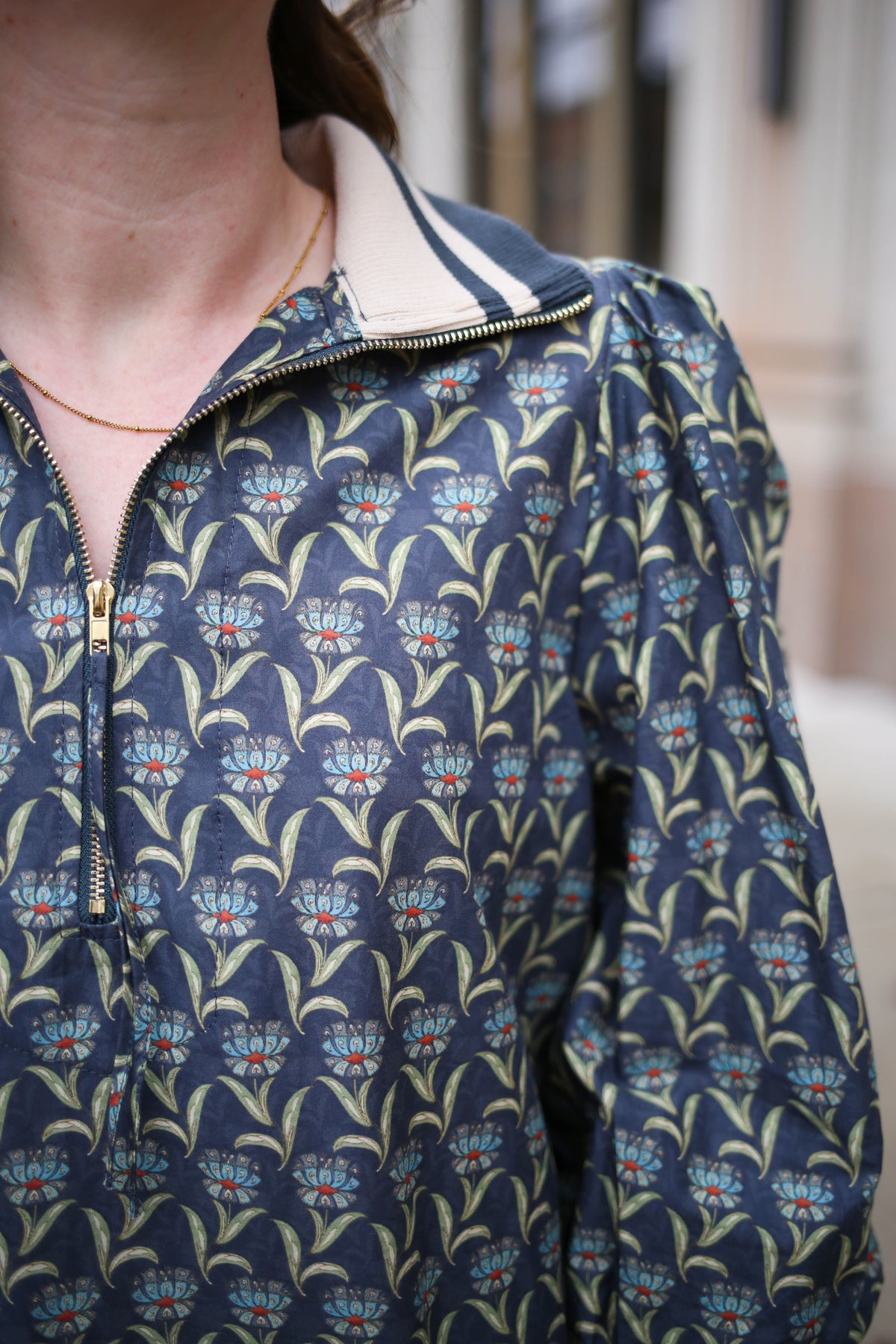 Midnight Blue Grey Printed 3/4 Sleeve Top | Joan