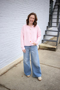 Pink with Flower Buttons Cardigan | Alexa