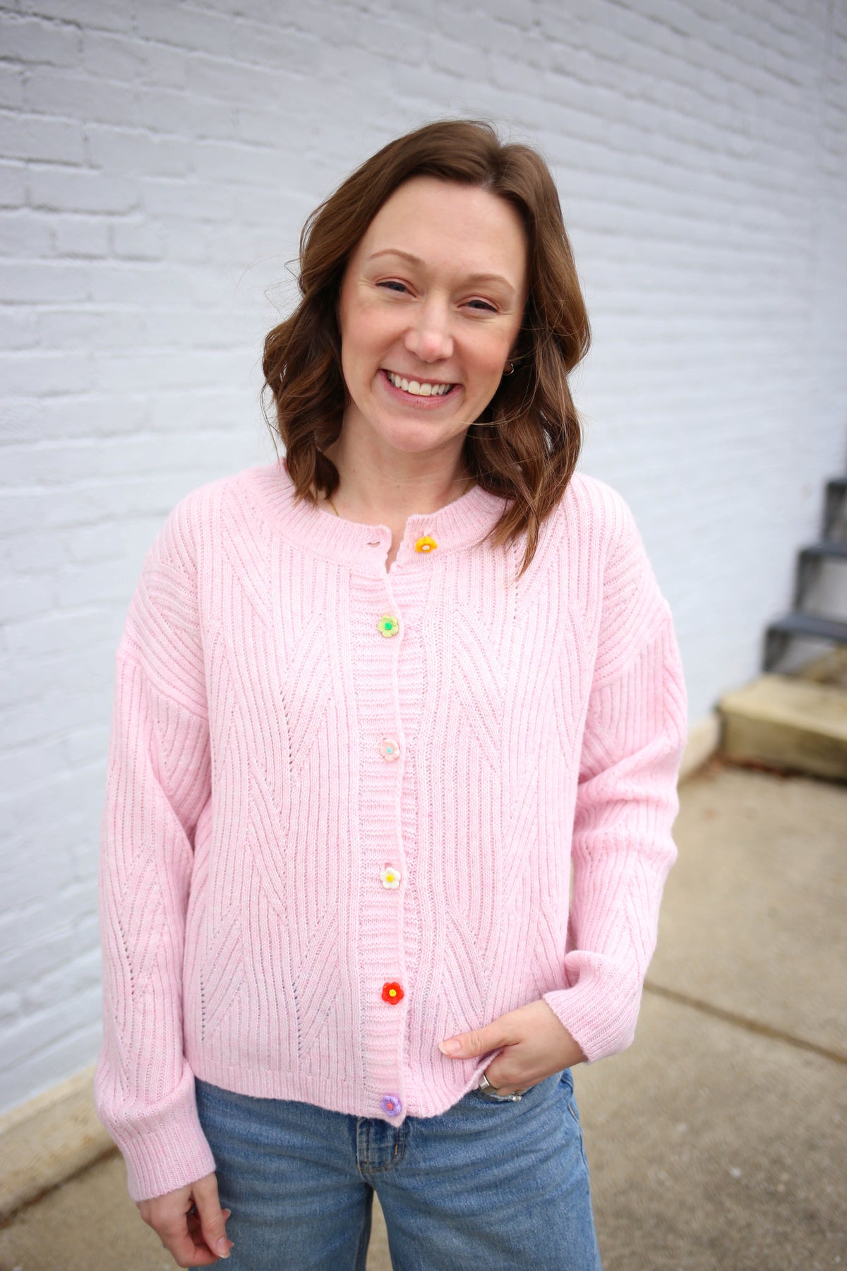 Pink with Flower Buttons Cardigan | Alexa
