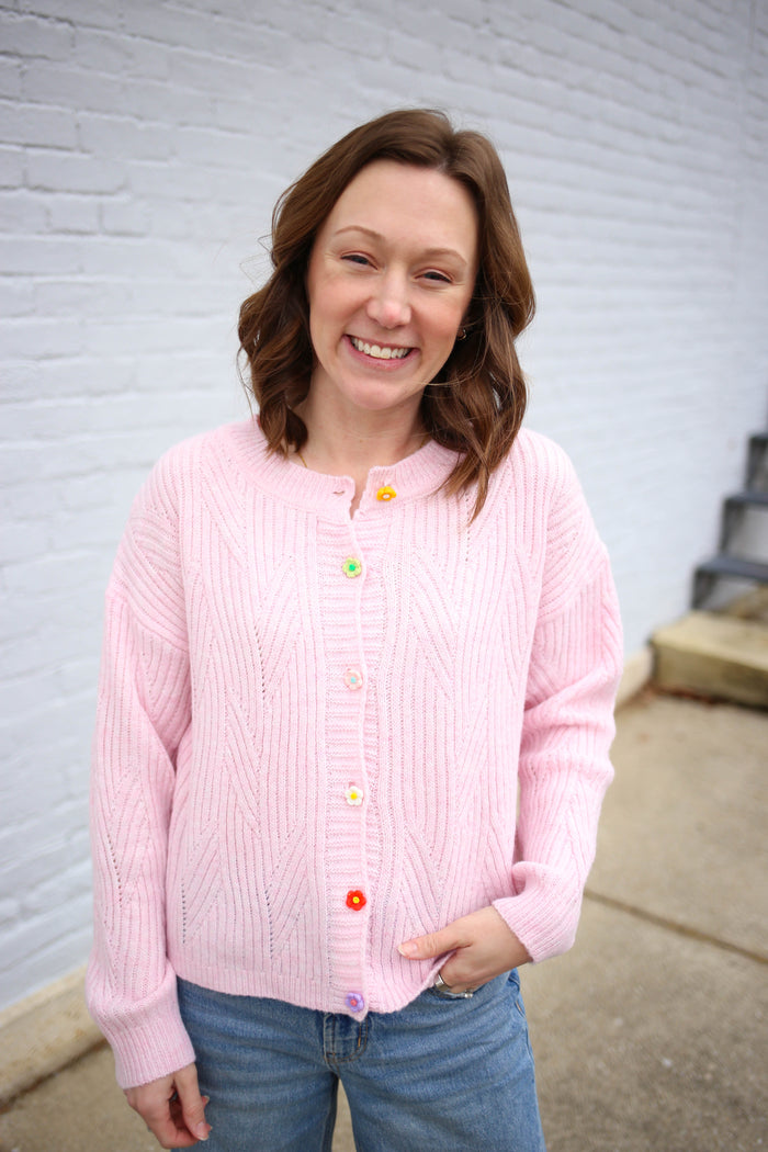 Pink with Flower Buttons Cardigan | Alexa