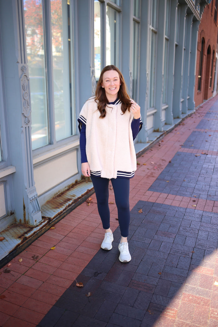 Cream and Navy Stripe Sherpa Vest | Boutique Elise | Nora Hyfve