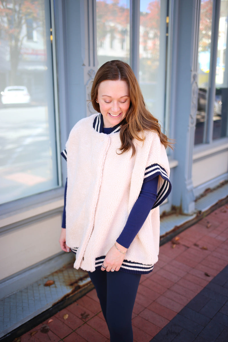Cream and Navy Stripe Sherpa Vest | Boutique Elise | Nora Hyfve