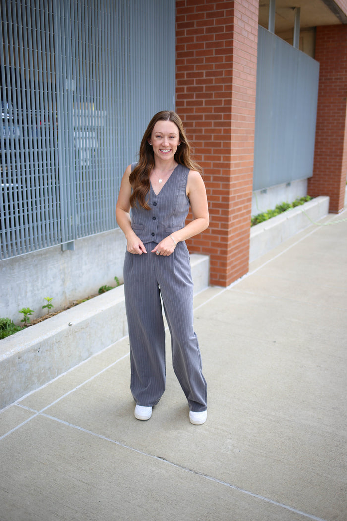 womens grey pinstripe vest and pants