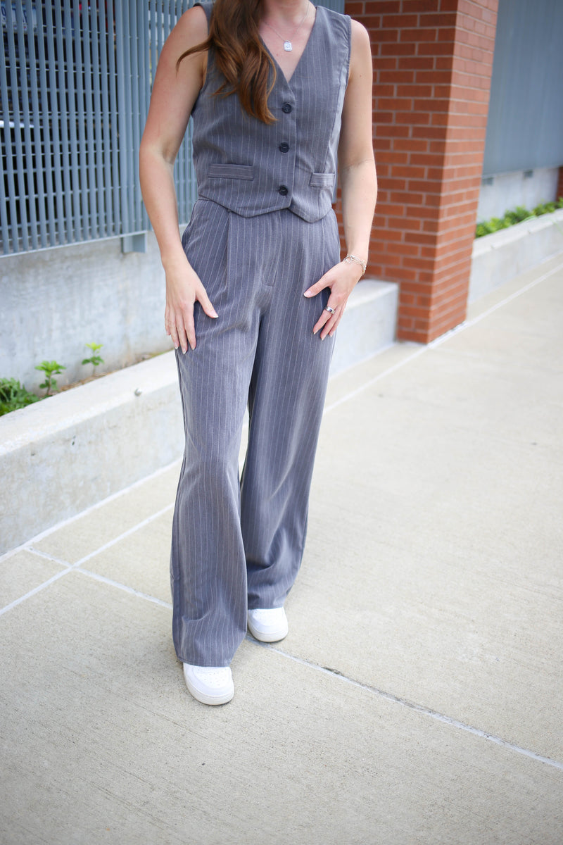 Womens Grey Pinstripe Pant | Boutique Elise | Hannah Blu Pepper